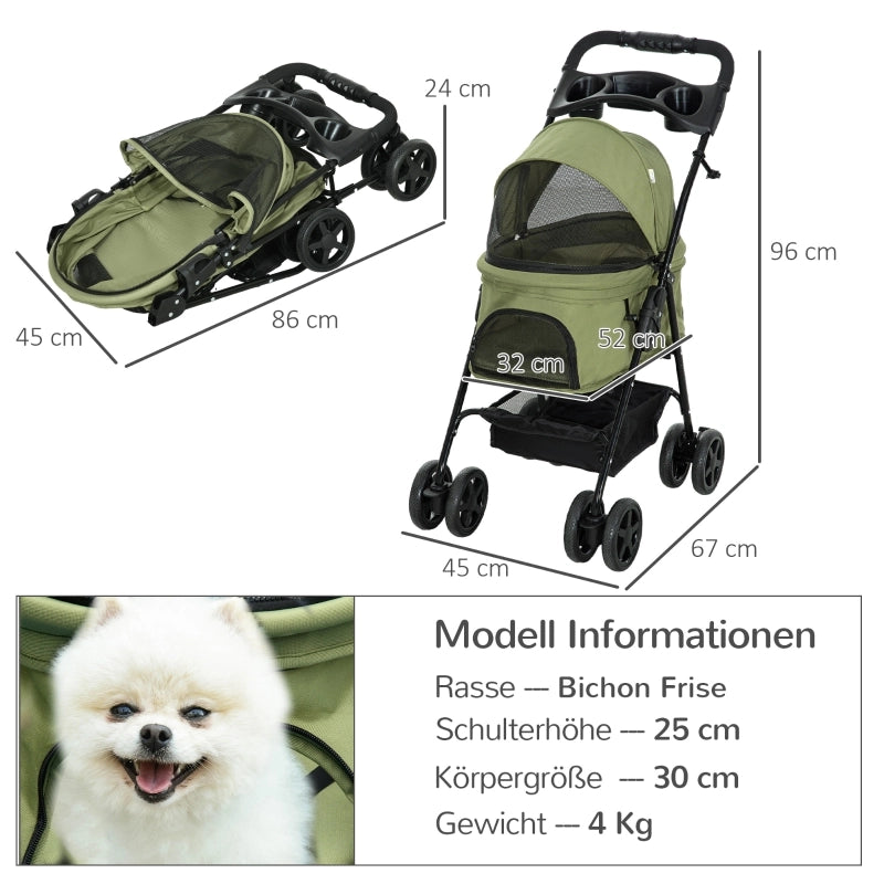 Passeggino/carrozzina per cani, pieghevole, con 2 guinzagli di sicurezza e 2 portabicchieri, 67 x 45 x 96 cm, verde