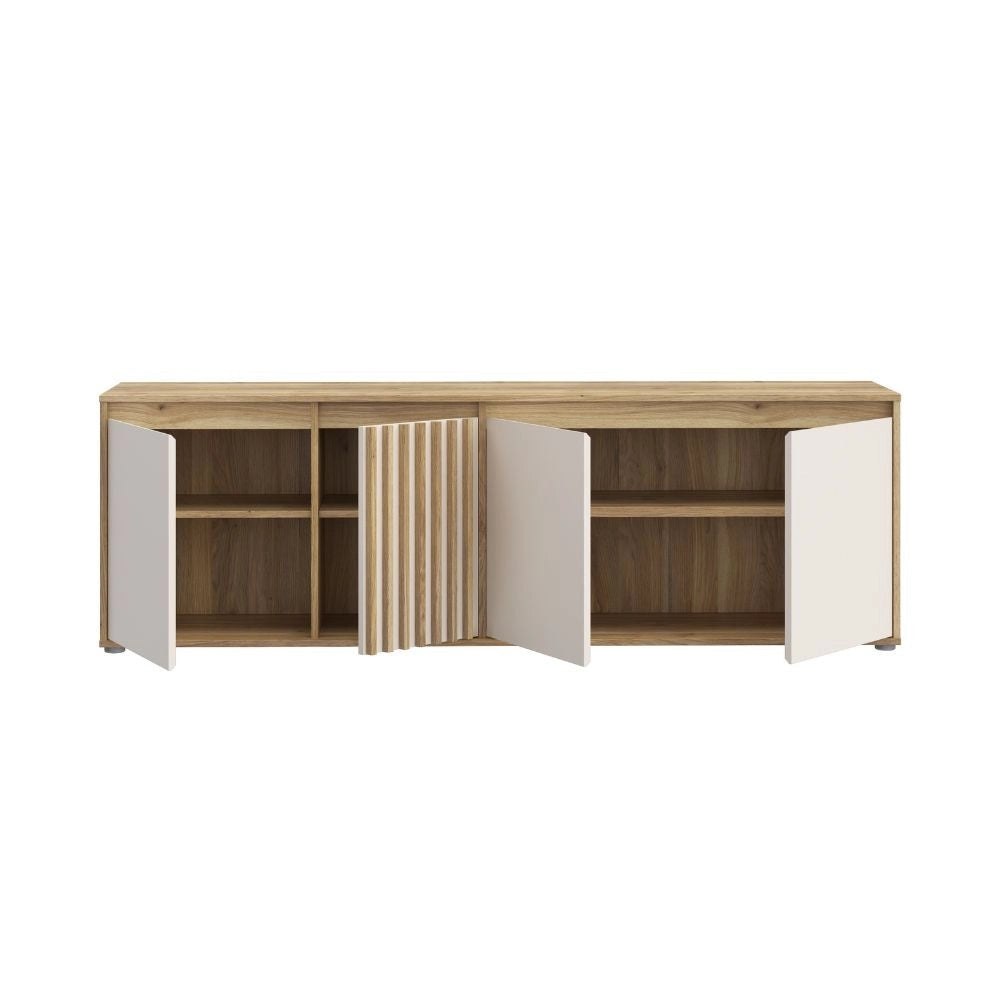 Porta TV Neutra Rovere e Cashmere con 4 Ante con dettagli Cannettati