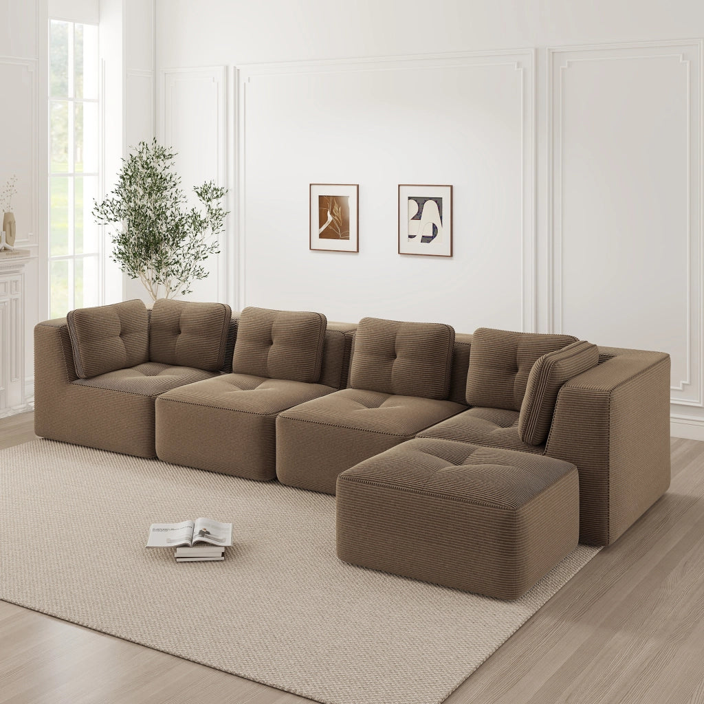 Divano angolare modulare senza struttura in tessuto corduroy con seduta profonda e design antiscivolo marrone