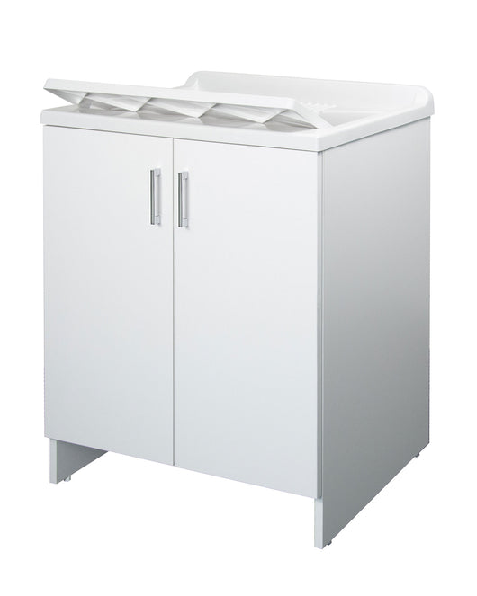 Mobile Lavatoio 2 Ante in Nobilitato 60x50x85 cm Vasca in PP con Asse in Resina e Kit di Scarico Bianco