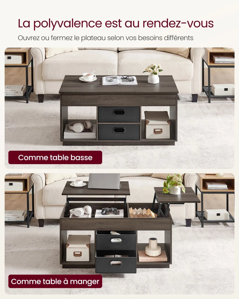 Tavolino da caffè con piano sollevabile 2 cassetti e scomparti nascosti scomparti aperti per soggiorno ufficio in casa marrone 12_0007489