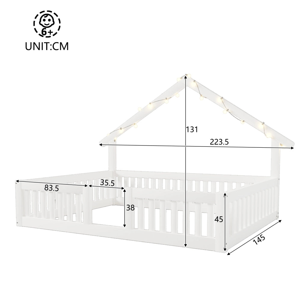 Letto a casetta per bambini 140x200 cm con barriera di sicurezza e luci LED, bianco