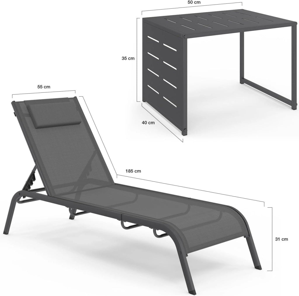 Set di 2 lettini da Giardino reclinabili Bora con tavolino Regolabile in Acciaio Grigio Antracite e Tessuto Grigio