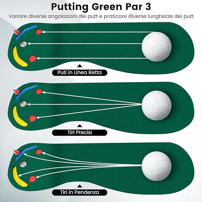 Set di Putting da Golf, Tappetino da Putting con 3 Fori per il Putting, 1 Bandierina e Coperture per Buca da Golf per Allenarsi al Putting, Putting per Uso Interno ed Esterno, 300 x 96 CM