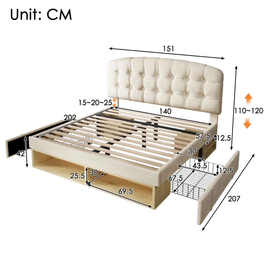 LETTO imbottito 140x200 cm in velluto beige con testiera regolabile e cassetti