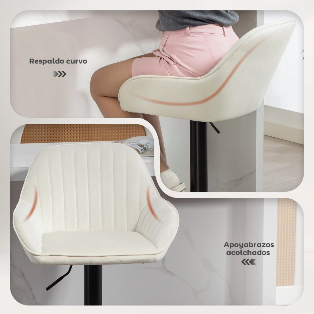 Sgabello da Bar Girevole ¨C Xylo ¨C Velluto Crema, Altezza Regolabile 62-83cm, con Schienale e Poggiapiedi, Set 2 Pezzi