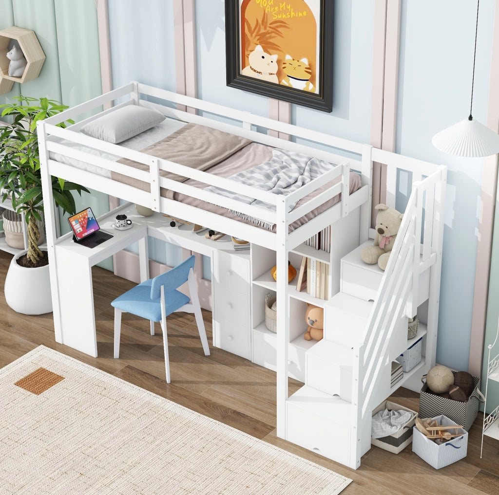 Letto a soppalco per bambini 90x200 cm con scrivania; cassetti e scala contenitore; bianco