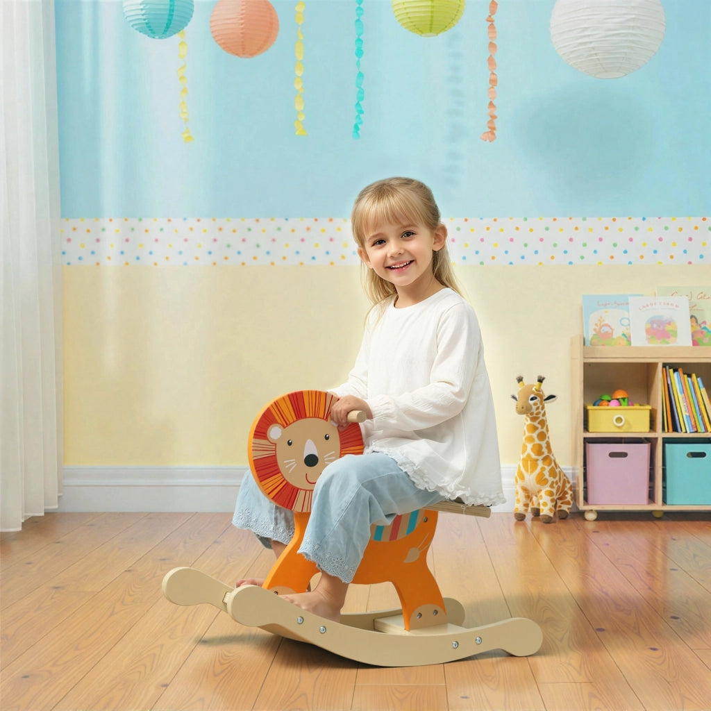 Cavallo a dondolo con design leone ¨C zephmum ¨C legno, arancione, 25 kg