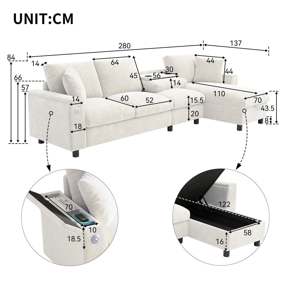 Divano angolare contenitore ¨C Minimal ¨C Beige tessuto braccioli con porta bevande USB Type-C