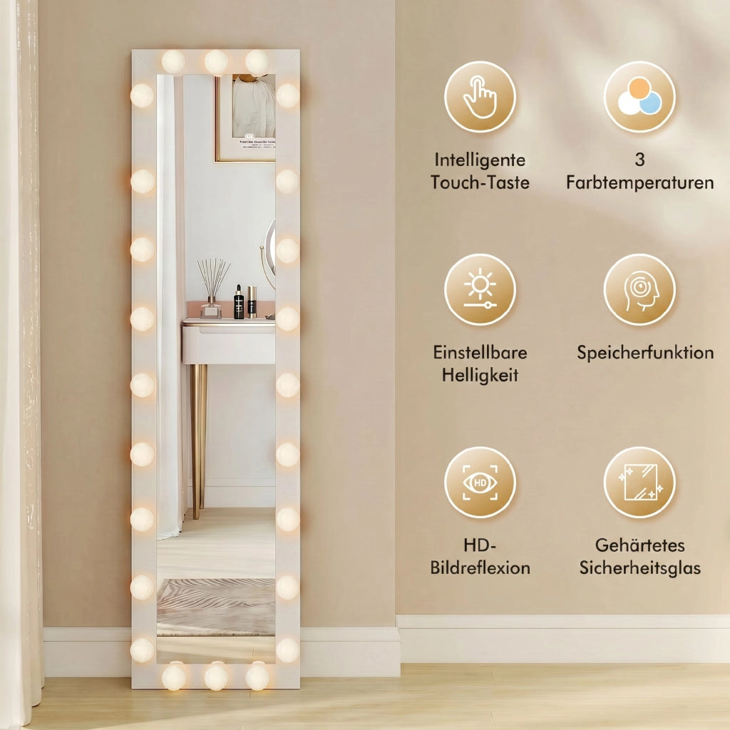 Specchio a figura intera LED 150x40 cm con 24 lampadine 3 modalita di luce da terra bianco