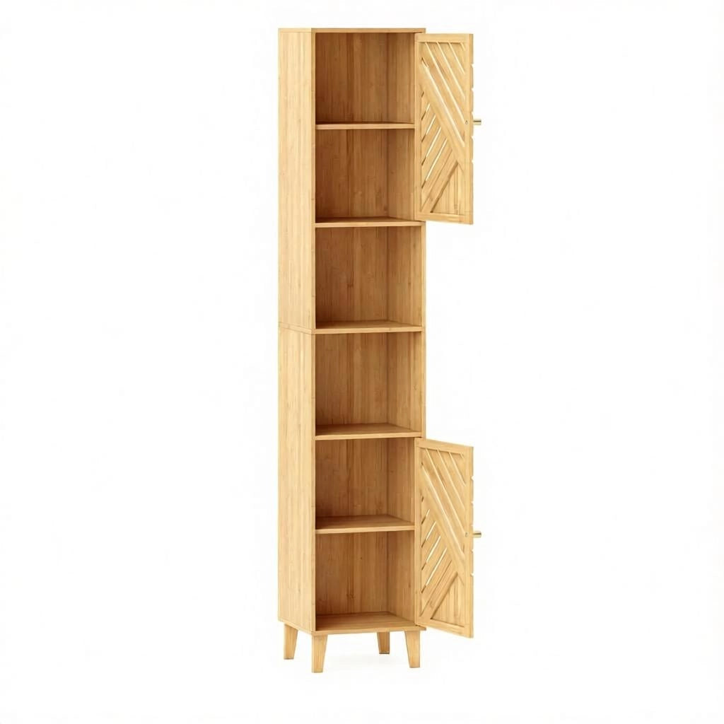 Armadietto da bagno alto con 2 vani aperti, 2 ante e ripiani regolabili, in bambù e truciolare, 32 × 30 × 170 cm
