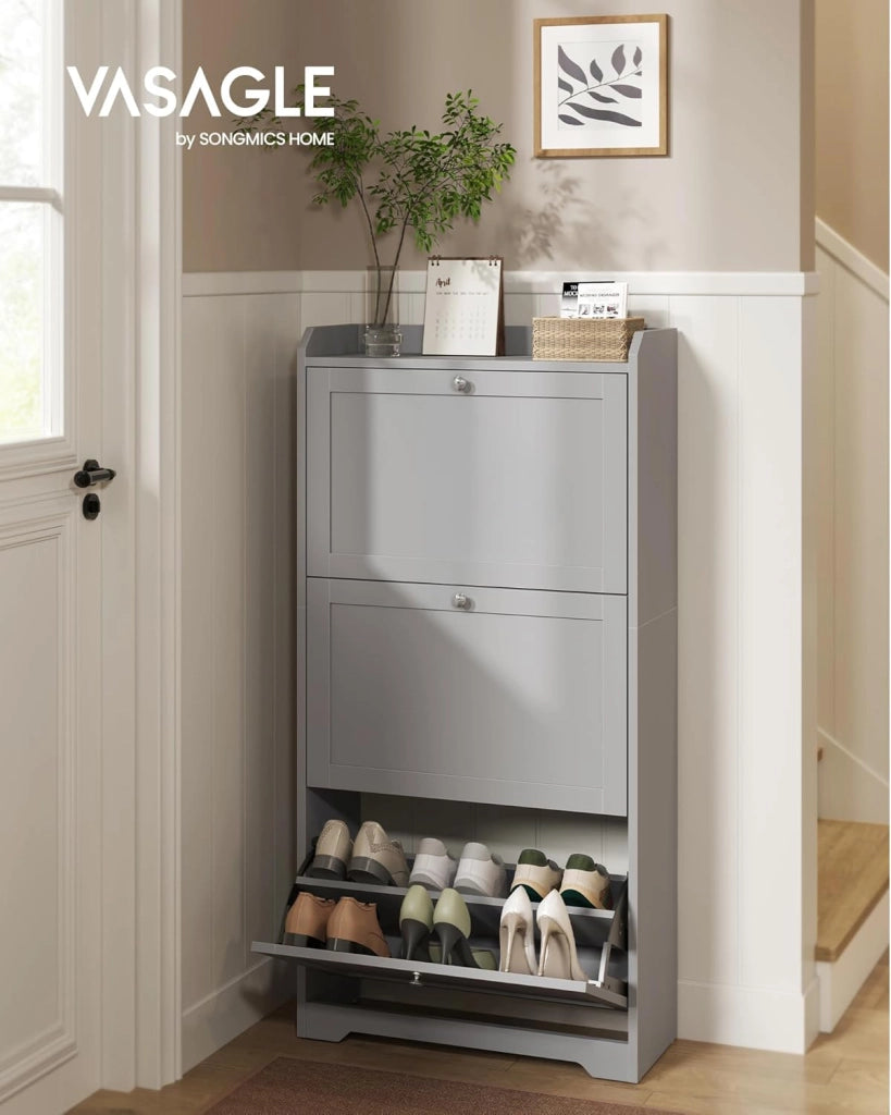 VASAGLE Scarpiera con 3 Scomparti a Ribalta, Scarpiera Salvaspazio, Divisori Regolabili, Portascarpe per fino a 12-20 Paia di Scarpe, Ingresso Corridoio, 24 x 60 x 121,2 cm, Grigio Tortora LBC036GD01