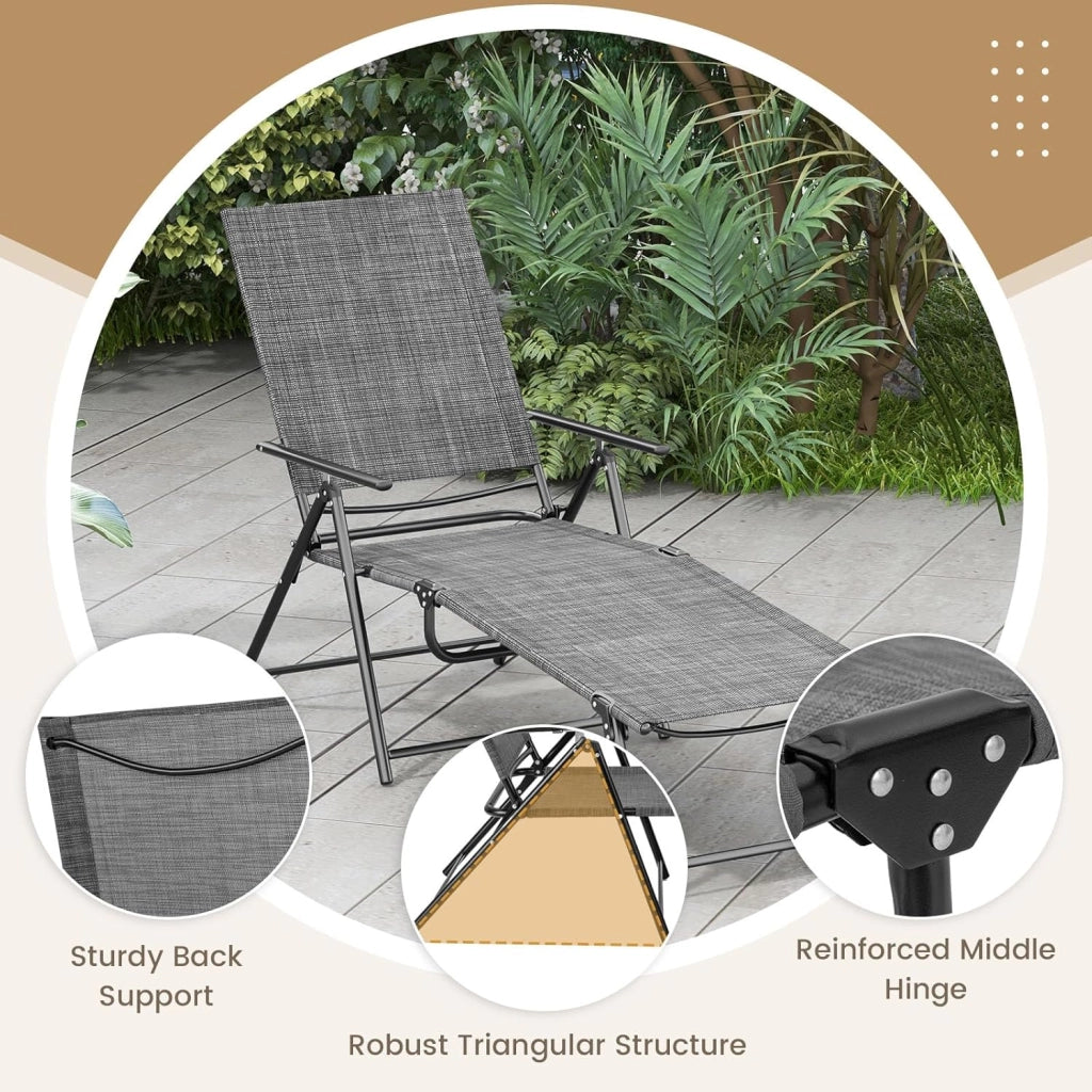 Set di 2 Sedie a Sdraio Pieghevolecon Schienale Regolabile e Poggiapiedi, Capacità di Carico 150 kg, Lettino Prendisole da Giardino Ideali per Patio, Giardino e Piscina, Grigio