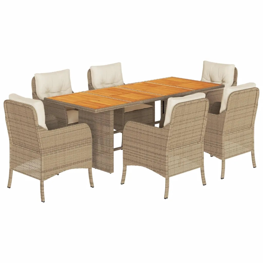 Set da Pranzo da Giardino 7 pz con Cuscini Beige in Polyrattan