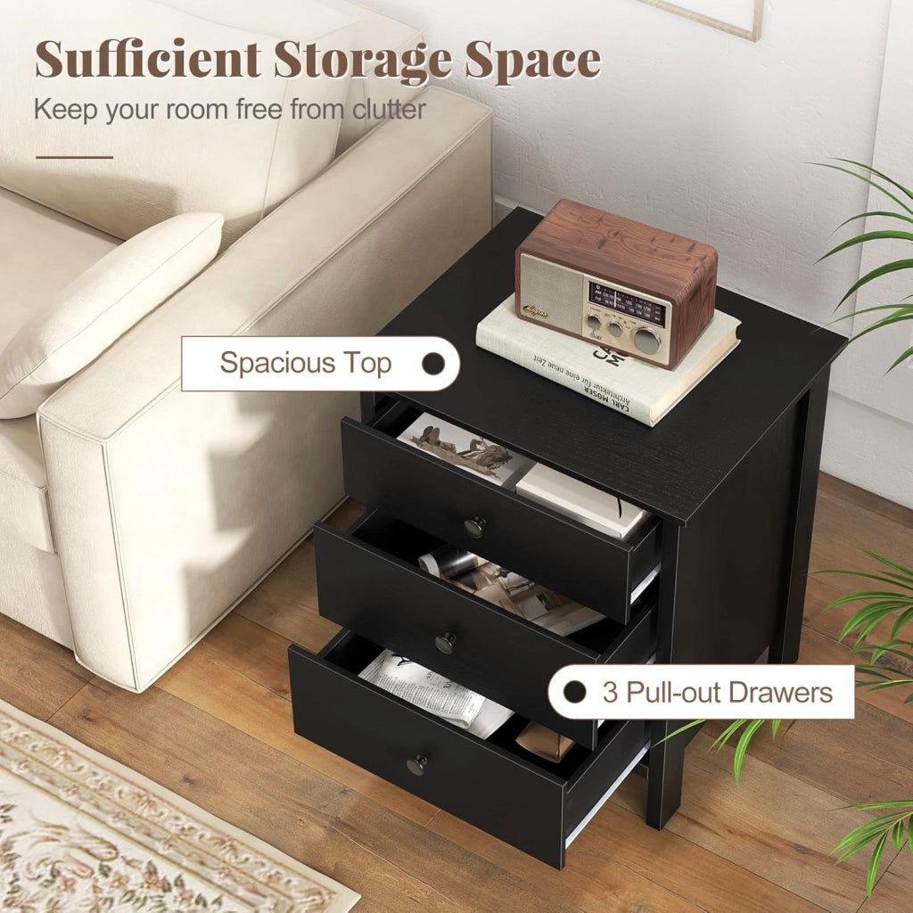 Comodino Camera da Letto con 3 Cassetti, Cassettiera Piccola in Legno, Tavolino da Caffè Elegante per Soggiorno, Ufficio, Studio, 56 x 45 x 66 cm (Nero)