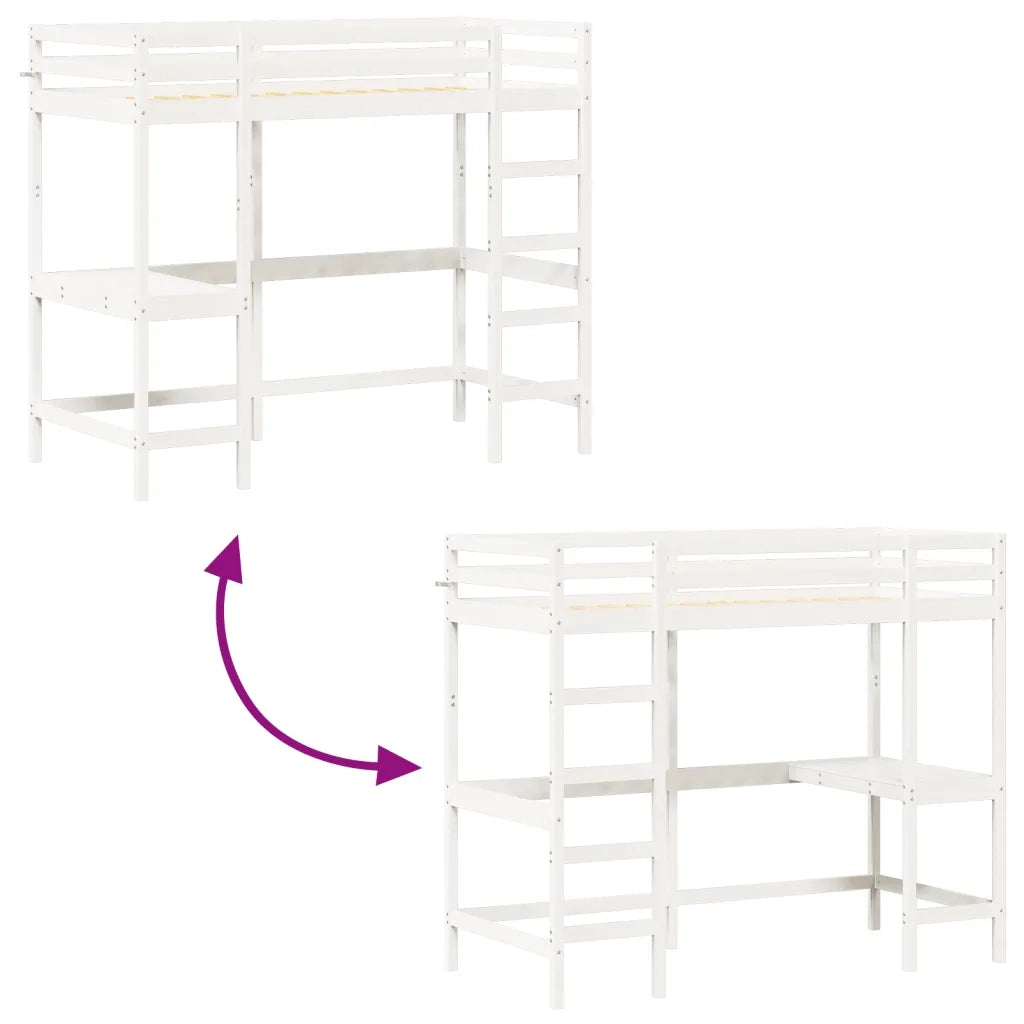 vidaXL Letto Soppalco con Scrivania Bianco 90x200 cm Massello Pino