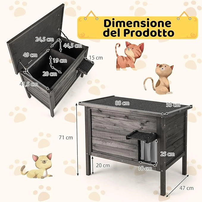 Cuccia Gatto Esterno Inverno 88 x 55 x 71 cm, Casetta Gatti Calda in Legno con Isolamento in Schiuma, Tetto Apribile in Asphalt e Porta, Rifugio termica per Gatti Multipli (Nero)