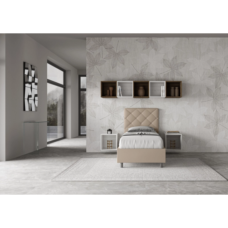 Letto imbottito Singolo 80x210 cm Priya - Similpelle,Tortora,Con rete