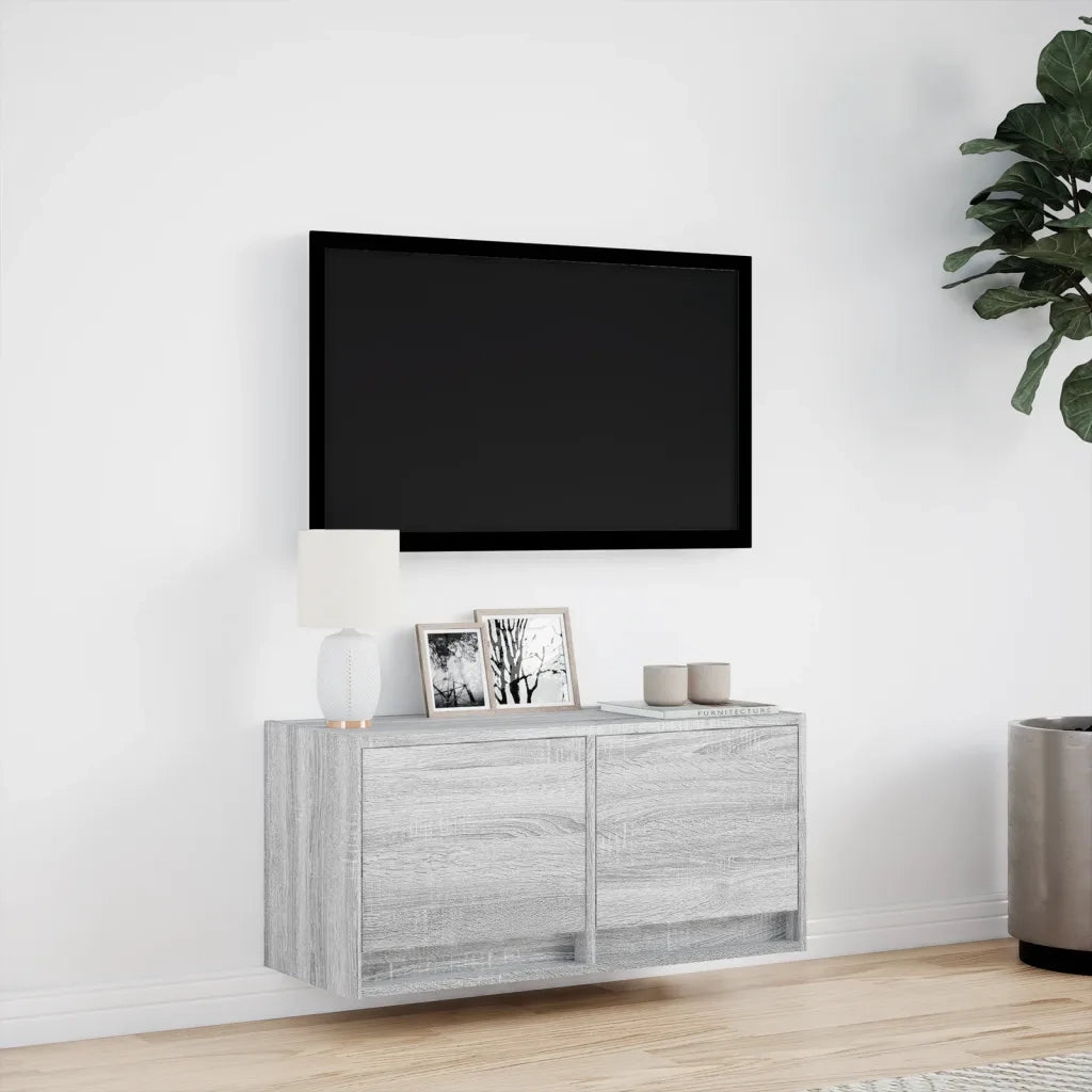 Mobile TV a Parete con Luci LED Grigio Sonoma 80x31x35 cm 852360