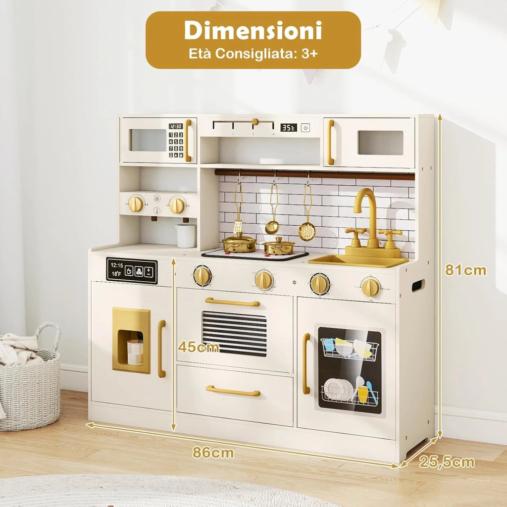 Cucina Giocattolo per Bambini, Set Cucina Gioco in Legno con Macchina per Ghiaccio, Caffettiera, Lavastoviglie e Accessori, Luci e Suoni, Regalo di Ruolo per Bambini 3+ Anni
