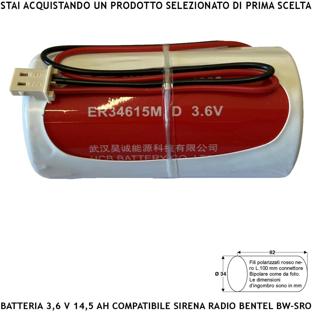 Batteria litio Non Ricaricabile ER34615M 3,6 V 14 Ah Connettore Polarizzato Pila Ricambio Compatibile Sirena Bentel Tecnoallarm Dimensioni L62XØ34 mm Peso 112 gr Pronta all'Uso Direttiva ISO 9001