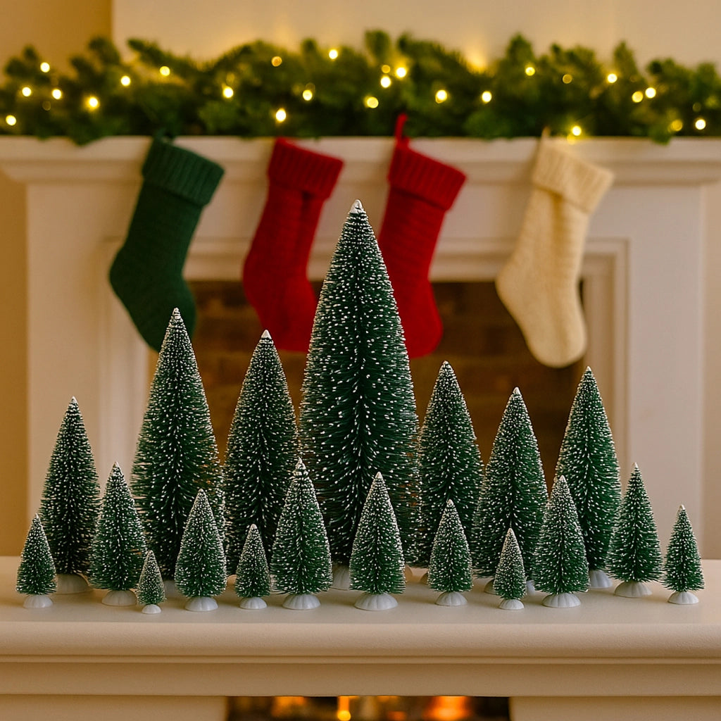 Set 21 Pini Alberi Assortiti per Villaggi Natalizi Varie Dimensioni in Poliestere Verde
