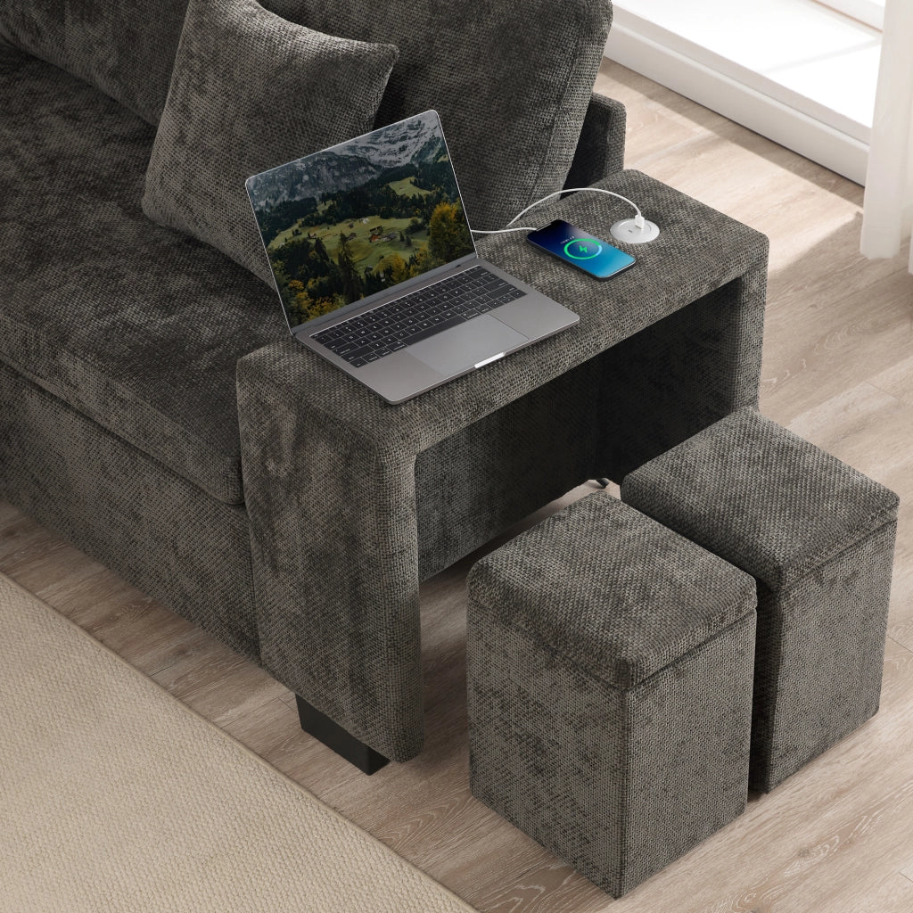 Divano angolare convertibile con funzione letto e vano contenitore, porte USB e USB-C, in ciniglia grigio 220 × 205 × 86.5 cm