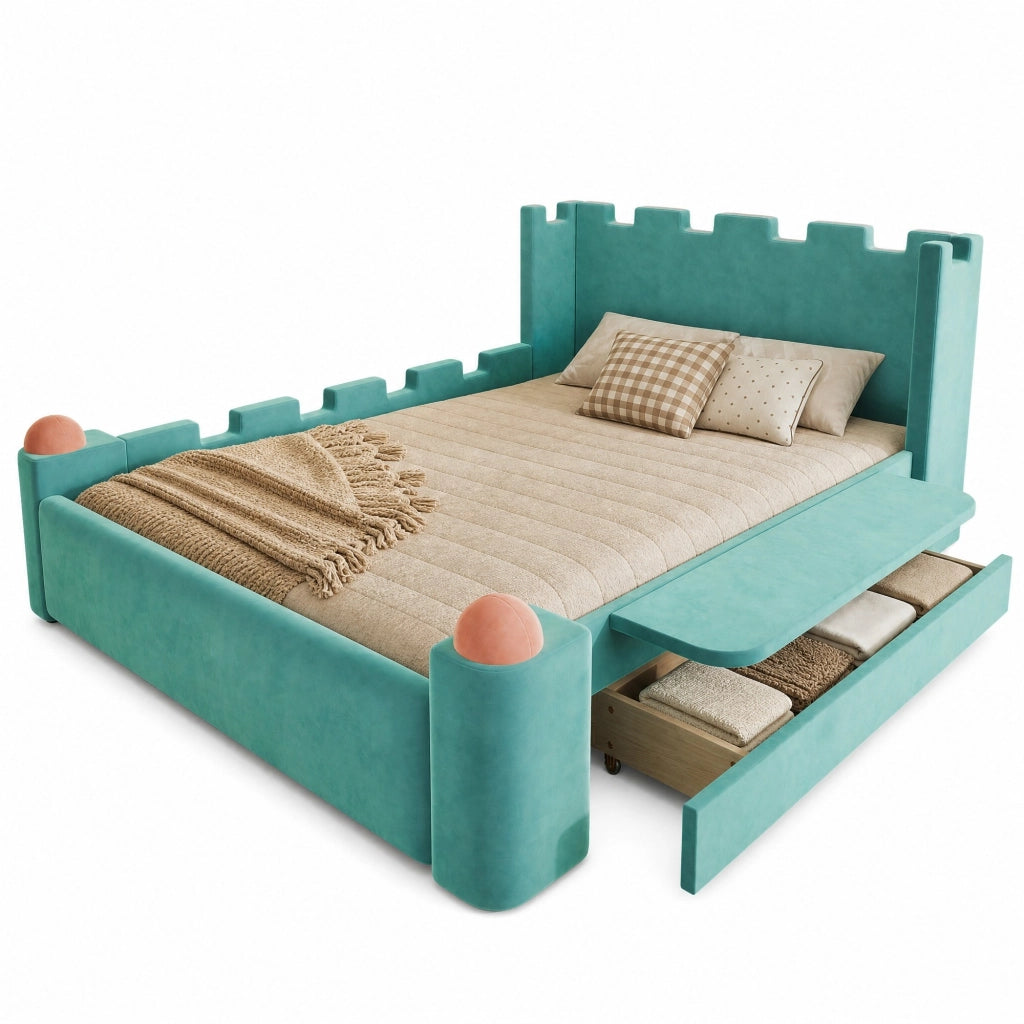 Letto imbottito per bambini 140x200 cm con cassetto contenitore e mensola laterale pieghevole; blu-verde