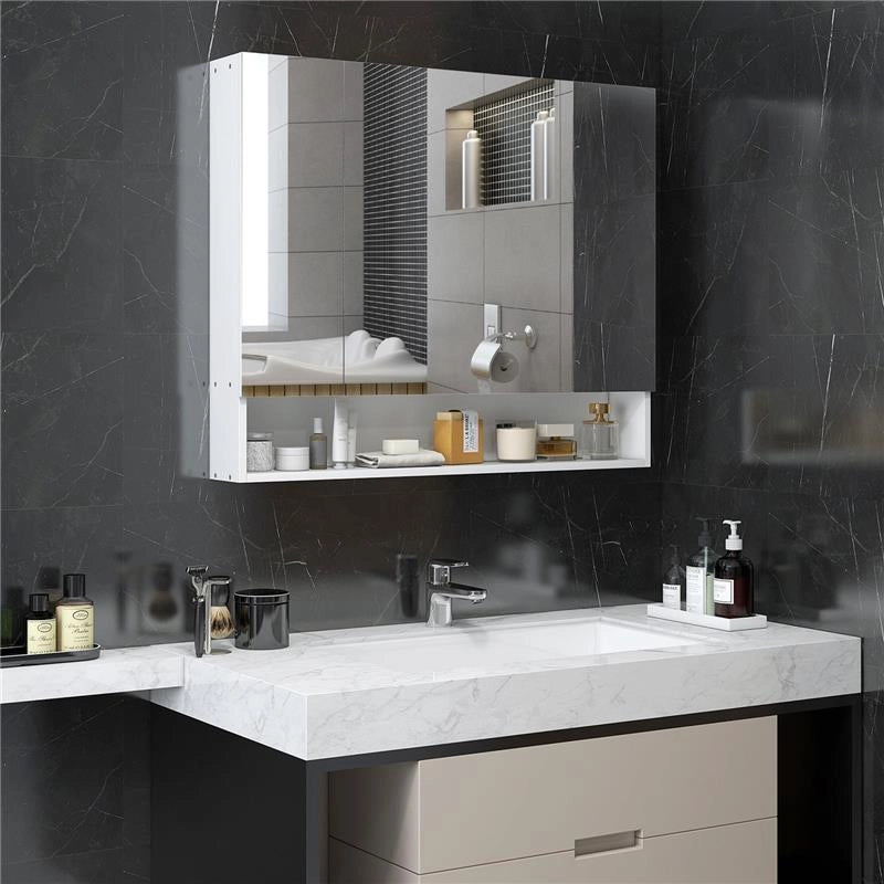 SPECCHIERA BAGNO CON ARMADIETTO 3 ANTE SOFT CLOSE E RIPIANI REGOLABILI, 90X15X75 CM, BIANCO