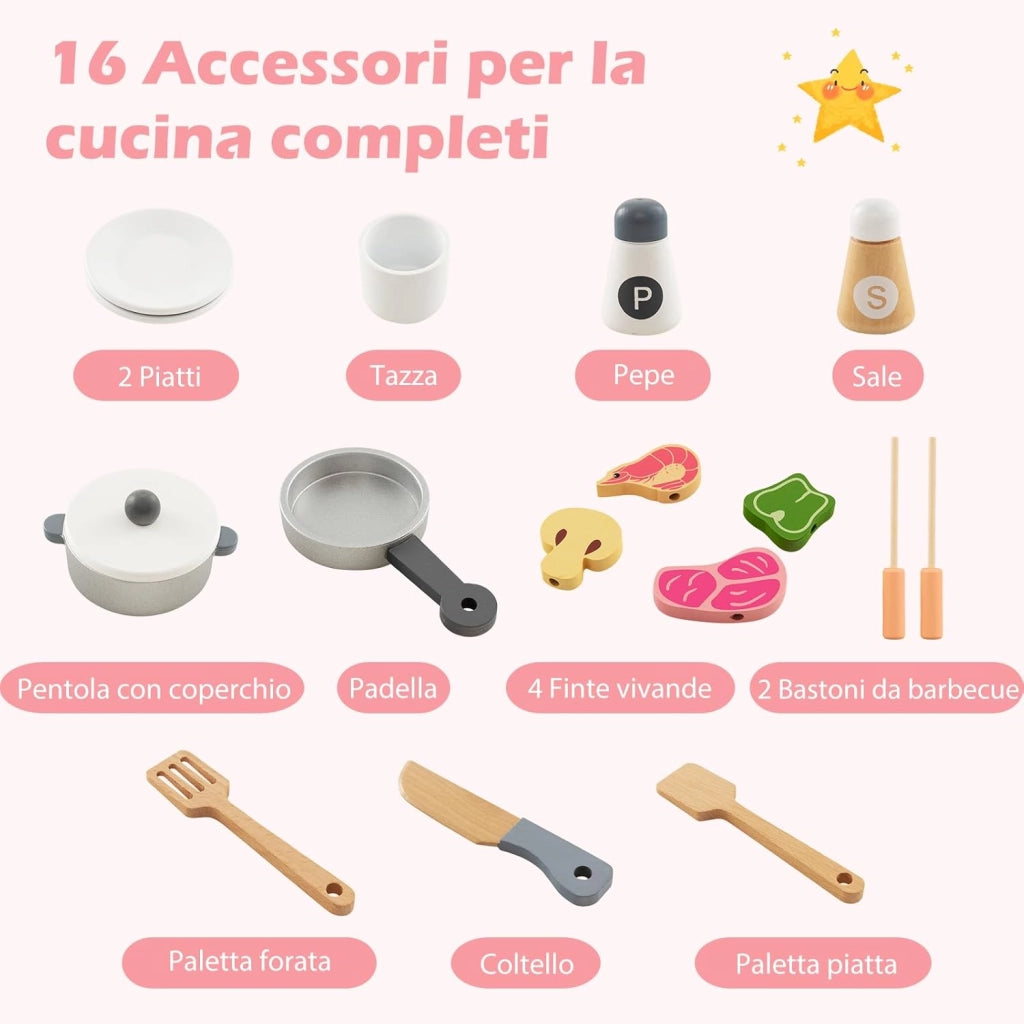 Cucina Giocattolo per Bambini, Set da Cucina in Legno con Cappa Aspirante e Frigorifero Realistici, con Utensili da Cucina in Legno, per Bambini 3+ Anni