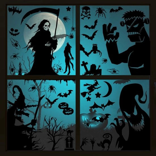 Decorazioni per finestre Halloween, Stickers per finestre Halloween, Stickers per finestre con pipistrelli spettrali, teschi e zucche per Halloween, Decorazioni per finestre a tema Halloween