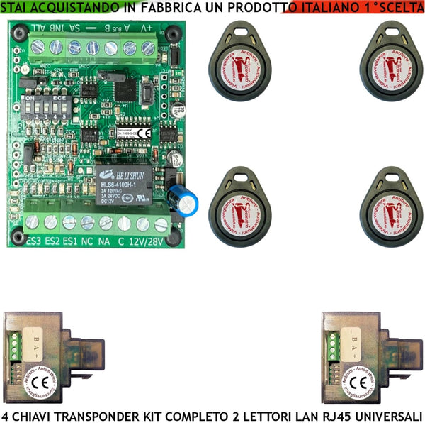 Kit Chiave di Prossimità 4 Chiavi TAG Trasponder 2 Lettori su Modulo LAN Universale 501/503 RJ45 Alimentazione 12/24 Vac Relè Scambio 2 A 24 V Funzione Impulsiva o Stabile Segnale di Stato 4 Led GRVB