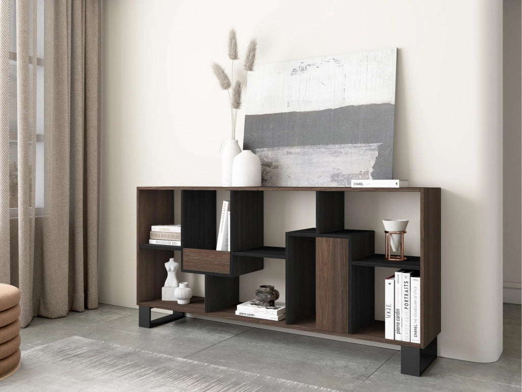 Libreria scaffale, 174x67x31, Design industriale, Rovere scuro e Nero RF4110