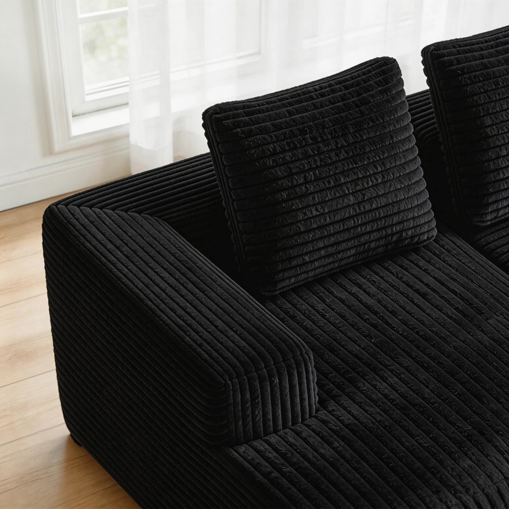 Divano angolare modulare reversibile con chaise e seduta profonda in velluto a coste nero 261 × 168 × 58 cm
