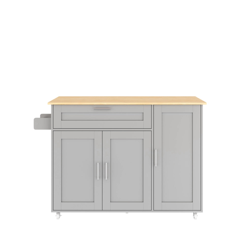 Isola da Cucina Mobile 132,5x44/70x90 cm Grigia con Piano Effetto Rovere, Cassetto e 5 Ruote