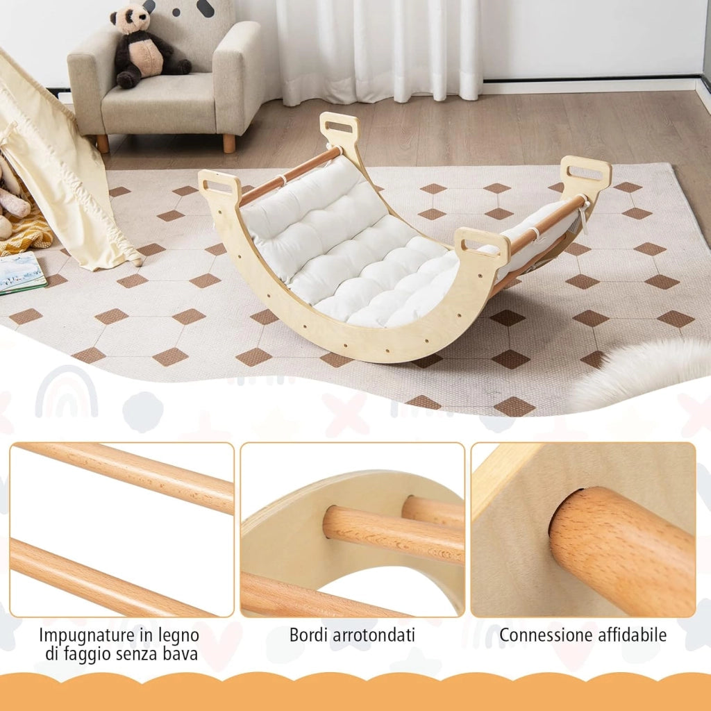 Arco da Arrampicata per Bambini, 2 in 1 Altalena ad Arco in Legno con Cuscino Morbido, Doppia Faccia, Ideale per Bambini 1+ Anni (Naturale)