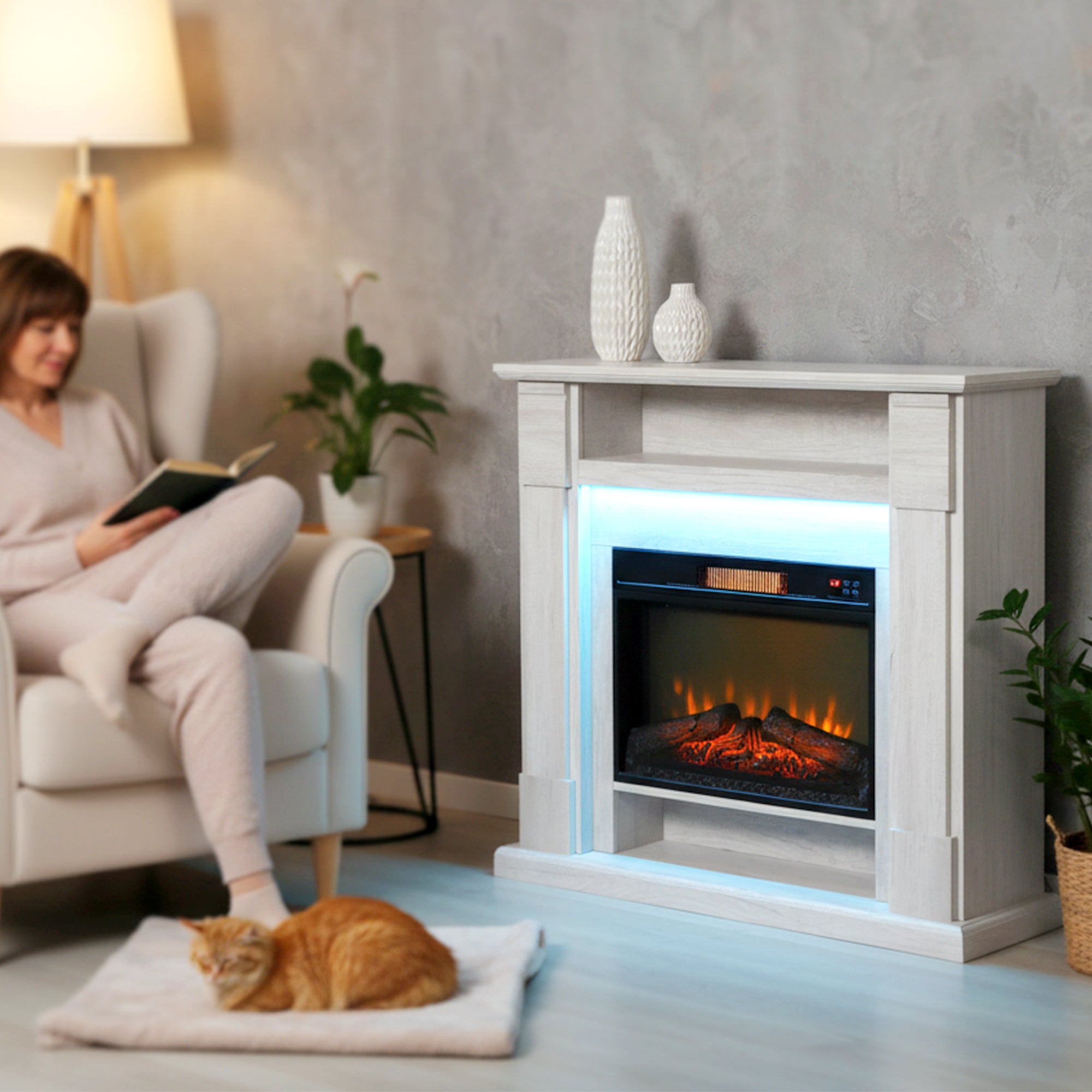 Camino Elettrico da Pavimento 105x27x97 cm 1800W Regolabile con Fiamma 3D Timer e Telecomando color Legno