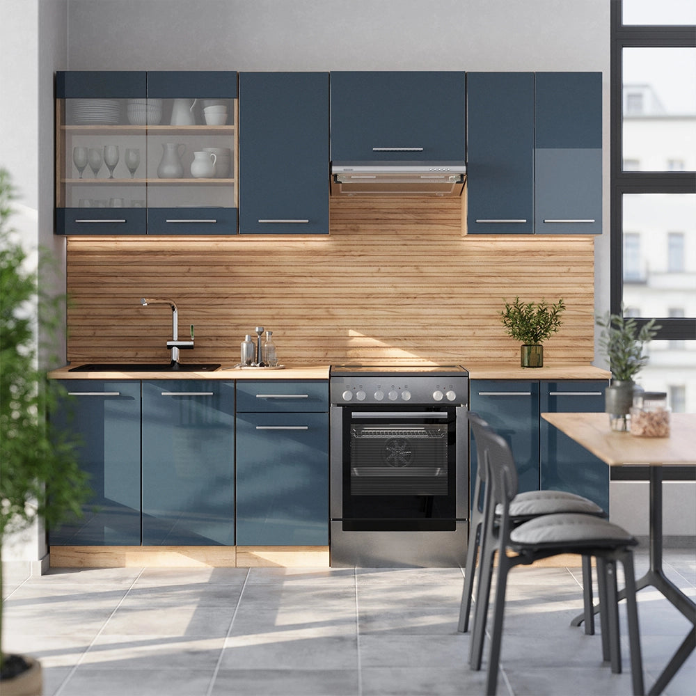 Cucina componibile Fame-Line Blu scuro lucido/Rovere dorato 240 cm, PL Rovere Vicco