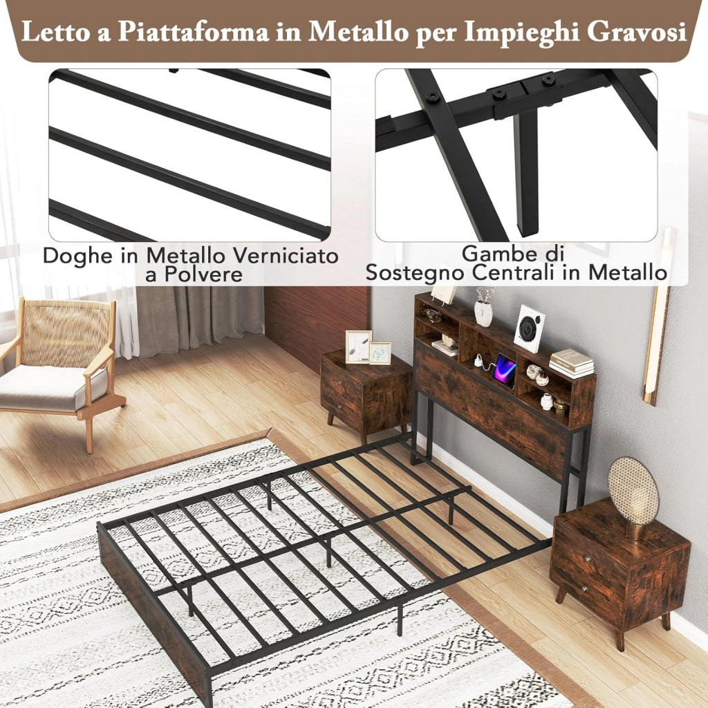 Letto Matrimoniale 140 x 200 cm con Stazione d Ricarica, Stuttura Letto 20,5 cm di Altezza, Telaio Letto con Testiera a Ripiani, Capacità di 500 kg, Marrone Rustico