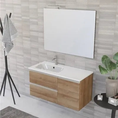 Mobile bagno sospeso 100 cm rovere miele con cassetti e anta completo di lavabo a sinistra e specchio Master
