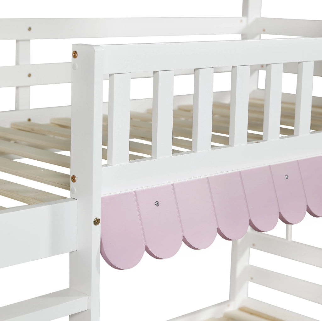 Letto a castello 90x200 cm bianco e rosa con tende, cassetti e ripiani