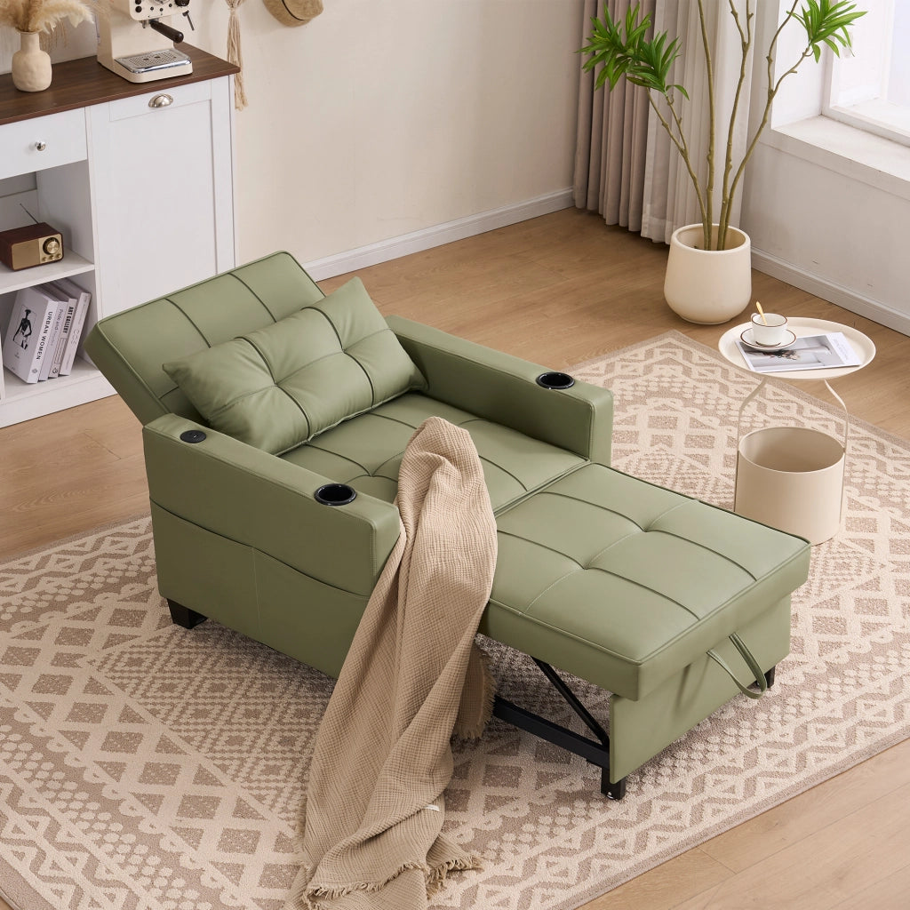 Poltrona letto 3 in 1 con schienale regolabile; portaoggetti e USB in legno e metallo avocado
