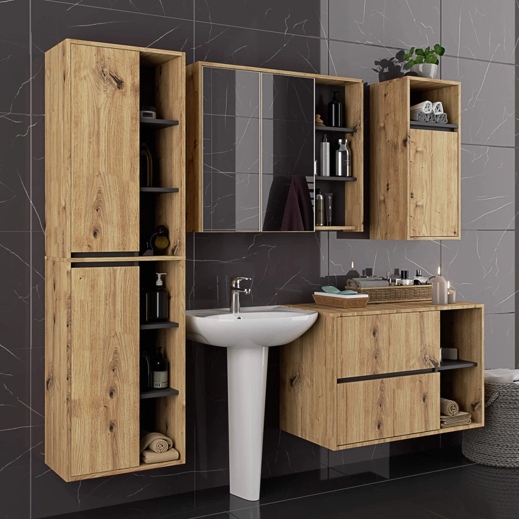 Pensile bagno con specchio VAMI Rovere Artisan, Grigio Grafite 90 cm 2 ante 90x15x75 cm