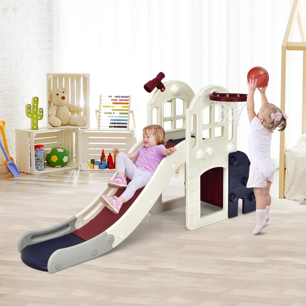 Scivolo per Bambini 6 in 1, Set da Gioco per Bambini con Canestro, Palla, Lancio dell'Anello e Cannocchiale, Ideale per Interni ed Esterni per Ragazzi e Ragazze, 189,5 x 83 x 98 cm (Blu)