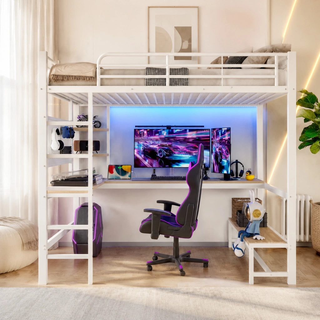 DESMIU Letto a soppalco 90 × 200 cm 1 posto con scrivania, ripiani, LED, USB e Type-C, senza materasso, bianco
