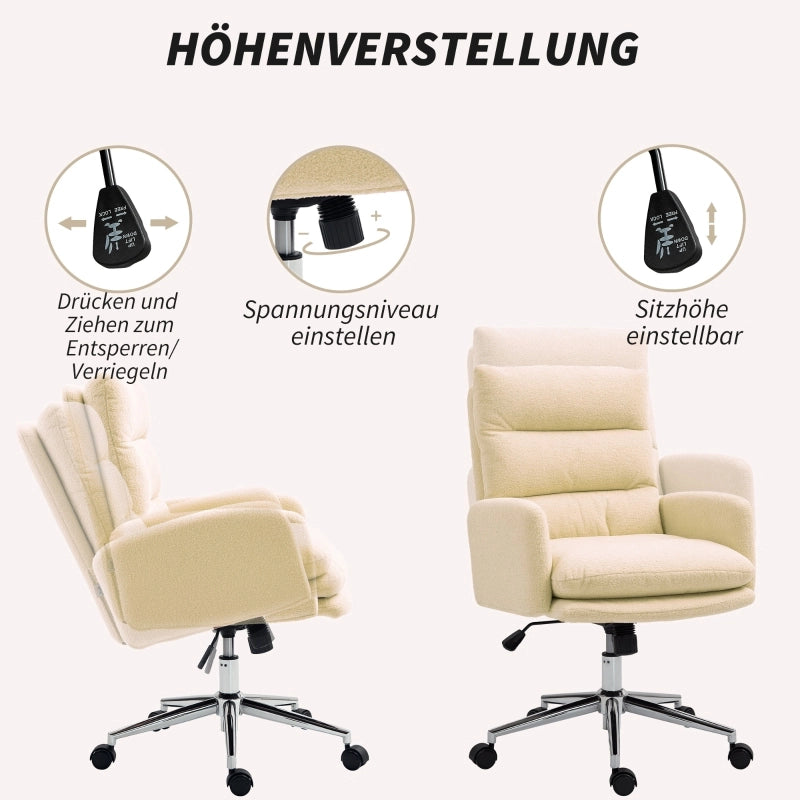 Sedia da ufficio ergonomica girevole con schienale imbottito, funzione oscillante e braccioli in poliestere crema