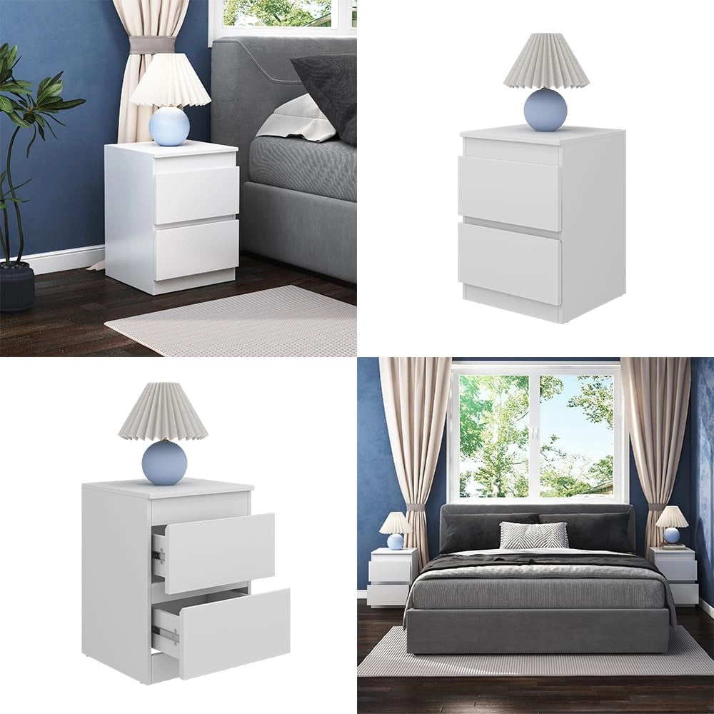 Comodino Calisto, Bianco, 40 x 55 cm, con superficie d'appoggio e passacavi per dispositivi