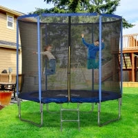 Trampolino Elastico da Esterno, Tappeto Elastico per Bambini e Adulti da Giardino con Rete di Sicurezza, Scaletta e Bordo Imbottito, Giochi da Giardino e Casa, Ø244x240cm, Blu e Nero