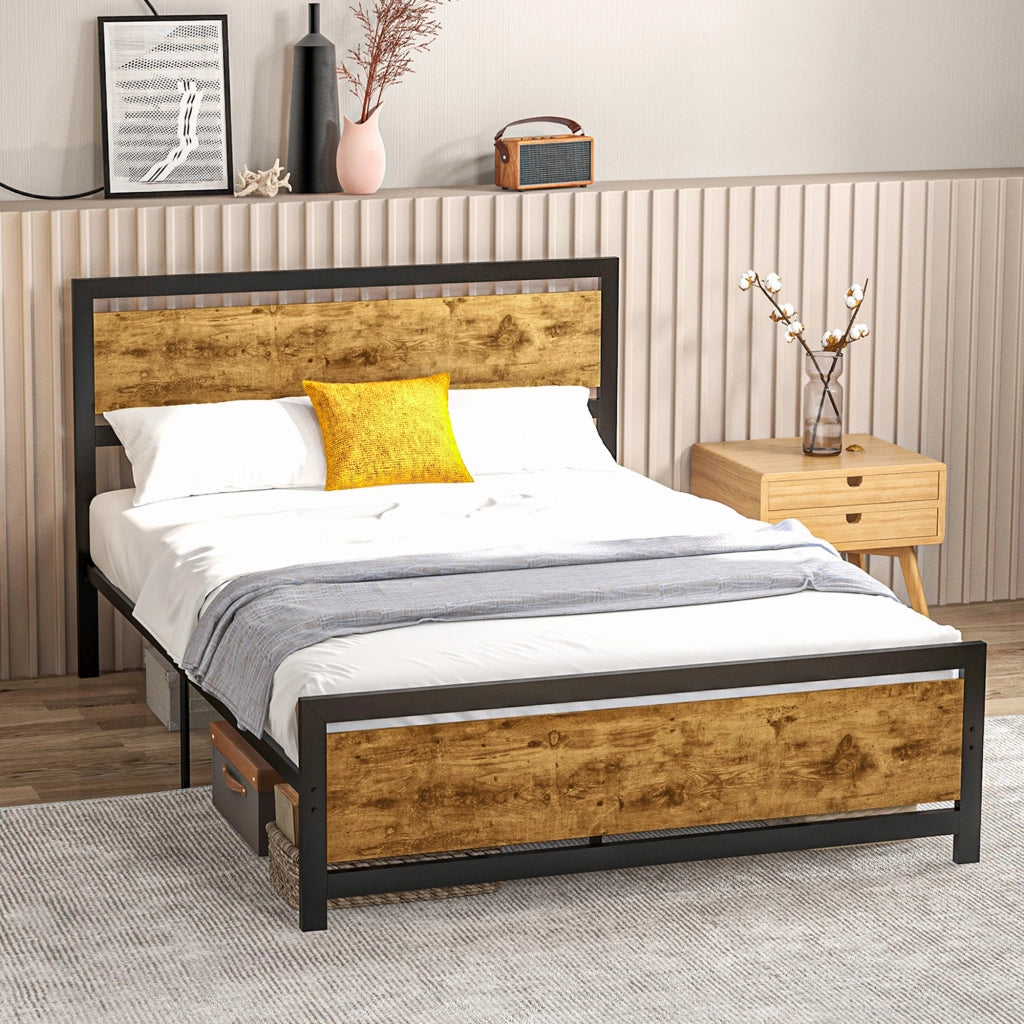 Letto Singolo e Mezzo in Legno e Acciaio con Doghe Stile Industriale ¨C zephmum ¨C 140x200 cm