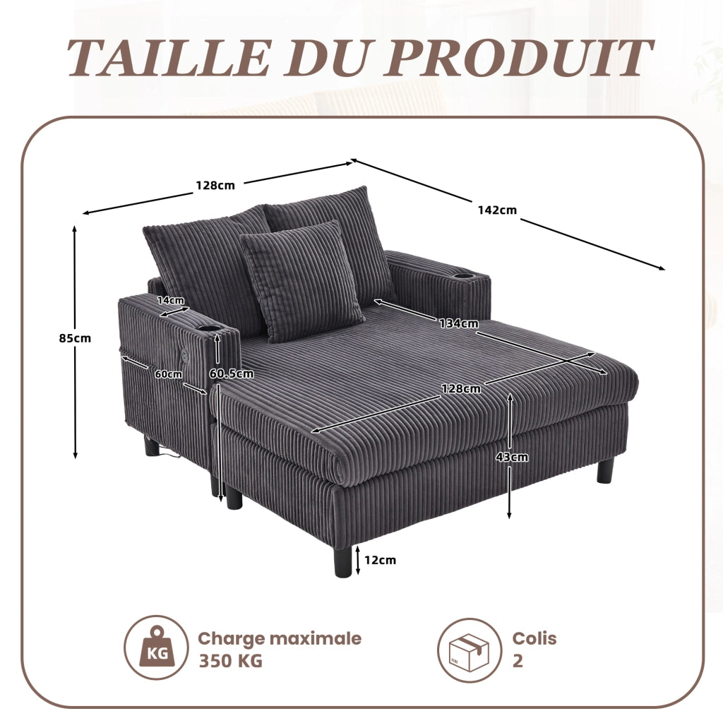 OKWISH Chaise Longue con Seduta Profonda, Illuminazione LED, Porte USB e Portabicchieri, Velluto a Coste Grigio Scuro